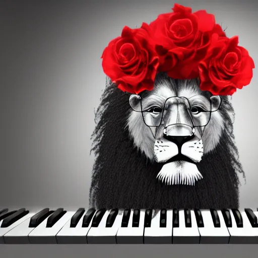 Image similar to a realistic looking lion wearing glases and holding a piano keyboard, surrounded by lemons and a red flower, dark grey background, studio lights, unreal engine render,