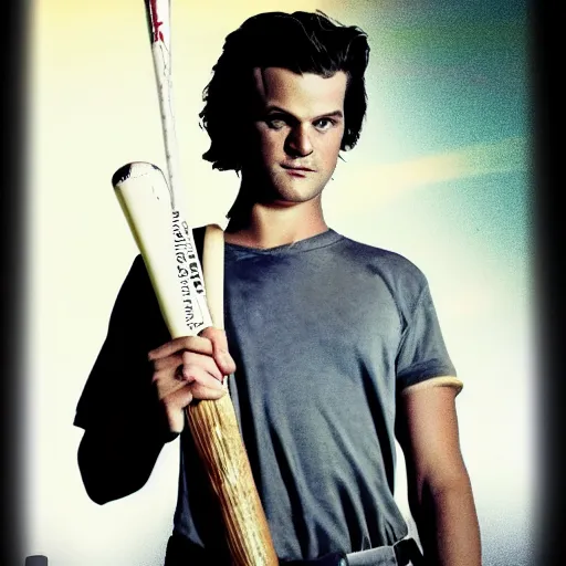 Image similar to steve harrington holding a baseball bat, looking off into the sunset, synthwave style.