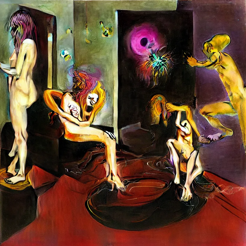 Image similar to Man and woman attached by love in a living room of a house, floating dark energy surrounds the middle of the room. There is one living room plant to the side of the room, surrounded by a background of dark cyber mystic alchemical transmutation heavenless realm, cover artwork by francis bacon and Jenny seville, midnight hour, part by adrian ghenie, part by jeffrey smith, part by josan gonzales, part by norman rockwell, part by phil hale, part by kim dorland, palette knife texture, paint drip, midnight hour, artstation, highly detailed