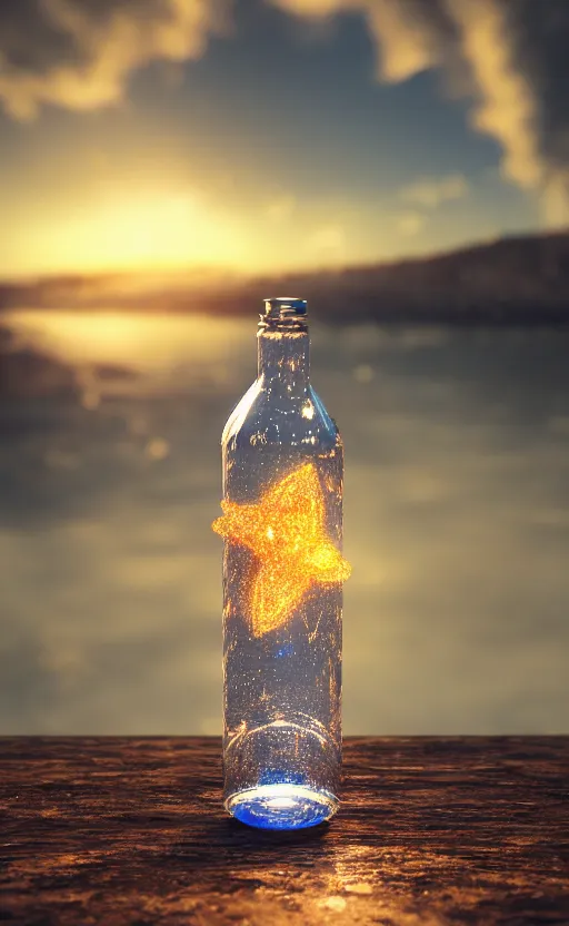 Prompt: a supernova inside a water bottle on a wooden table, hyperrealistic, concept art, octane render, unreal engine 5, trending on artstation, high quality, highly detailed, 8 k hdr, soft lighting, path traced, a beach at sunset in the background, bloom, high coherence, symmetrical, high contrast, digital art, serene landscape, cinematic