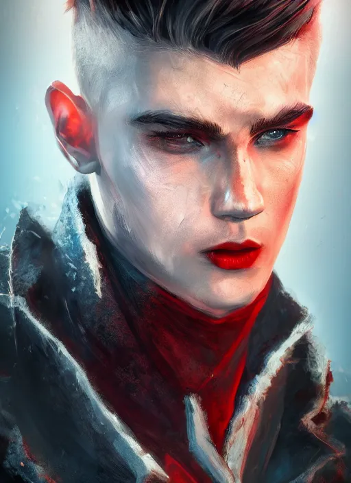 Image similar to An epic fantasy comic book style portrait painting of a young man with black cowlick haircut, wearing black overcoat, red clothes, blue jeans. Unreal 5, DAZ, hyperrealistic, octane render, cosplay, RPG portrait, dynamic lighting