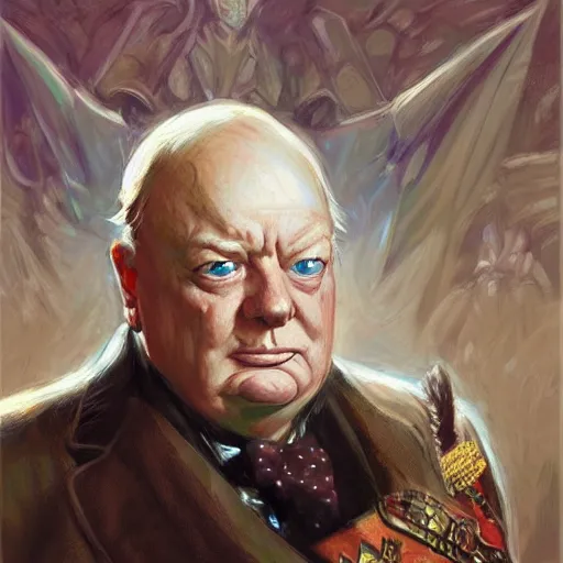 Prompt: Winston Churchill as a fantasy D&D merchant, portrait art by Donato Giancola and James Gurney, digital art, trending on artstation