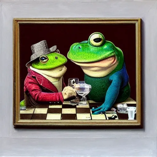 Prompt: mr toad and mr frog drinking wine and playing chess. Painting of toad and frog wearing sweaters by James Gurney.