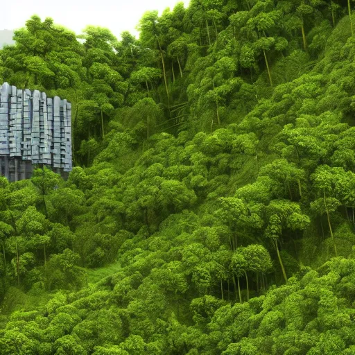 Prompt: vertical farm towers and sci - fi containment building in a steep sided valley with trees, a sense of hope, high res, 4 k, in the style of edouard groult