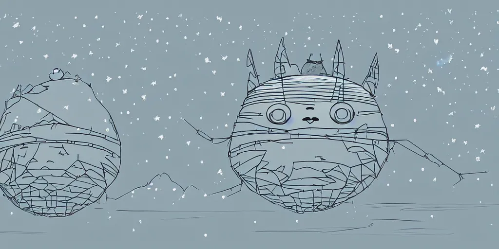 Prompt: glowing wireframe totoro, mountain landscape, night sky, digital art, digital painting, celestial