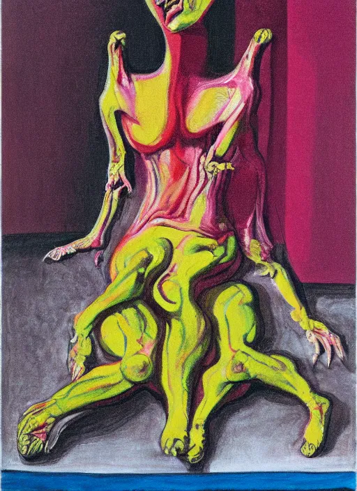 Prompt: body sitting on it, isometric perspective, grotesque, doomed, acrylic paint, gouache on canvas, vibrant colors, grotesque, wrapped thermal background, art francis bacon