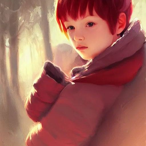 Image similar to a cute tiny girl with short red hair wearing a hoodie, digital art, very beautiful face, pretty face, very detailed eyes, full body illustration, 8 k resolution, soft painting, by greg rutkowski, wlop, rossdraws,