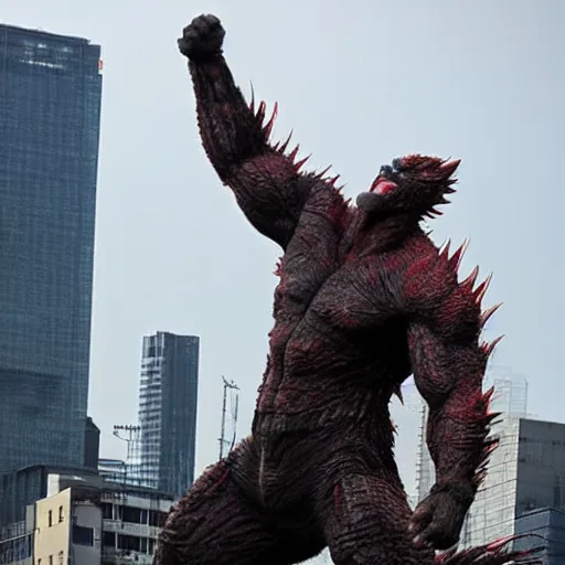 Prompt: giant hugh jackman rampaging through tokyo like godzilla, towering above the skyline