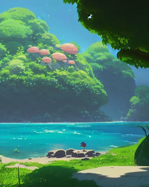 Image similar to a turtle shaped island, lush vegetation, azure water, glowing light, cory loftis, james gilleard, atey ghailan, makoto shinkai, goro fujita, studio ghibli, rim light, exquisite lighting, clear focus, very coherent, plain background, soft painting