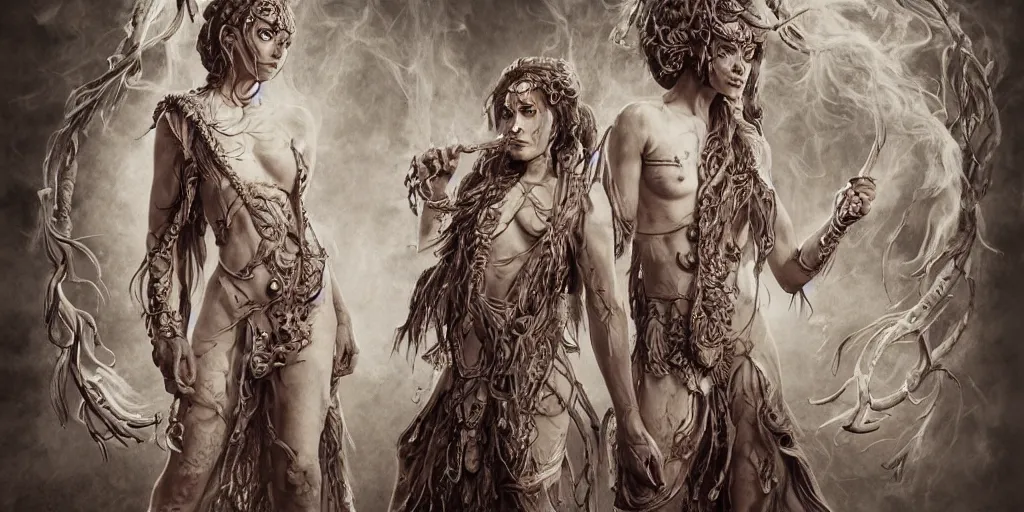 Image similar to full body character design of realistic asian Sumerian Death Goddess ivory skin runic icons + mystical symbols, with small bleached bones covering vest and flowing electricity and smoke , fantasy, intricate, elegant, highly detailed, digital painting, artstation, concept art, sharp focus, photoreal, ghostbusters , peter mordenbacher,Mike Winkelmann, photo real, ultra realistic, intricate, epic lighting, 8k resolution, unreal engine 5, ultraviolet colors