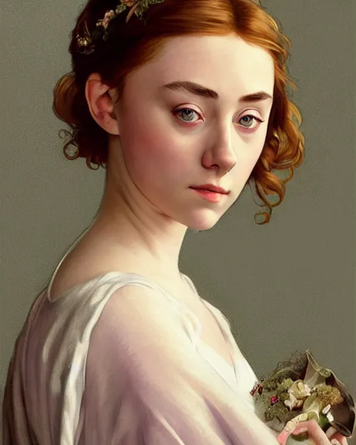 Prompt: a girl that looks like 16-year old Saoirse Ronan, Audrey Hepburn, and Scarlett Johansson, dressed in a nightgown, highly detailed, digital painting, artstation, concept art, smooth, sharp focus, illustration, ArtStation, alphonse mucha and J. C. Leyendecker and Edmund Blair Leighton Donato Giancola