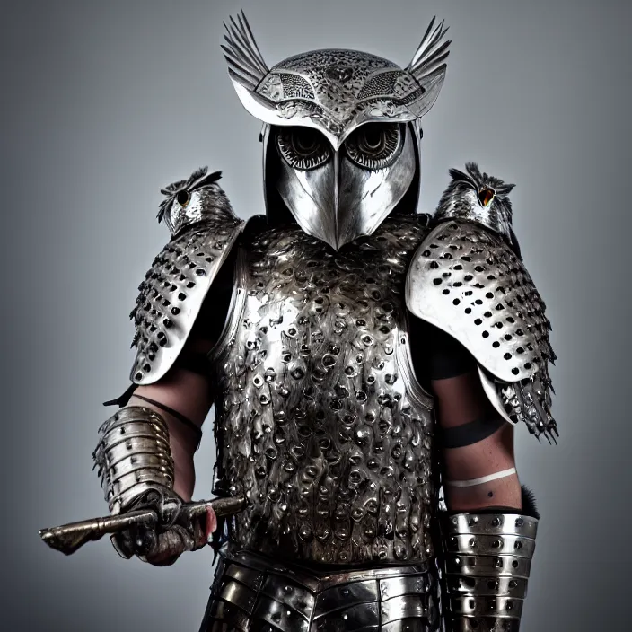 Prompt: full length photo of a warrior with metal owl themed armour, highly detailed, 4 k, hdr, smooth, sharp focus, high resolution, award - winning photo