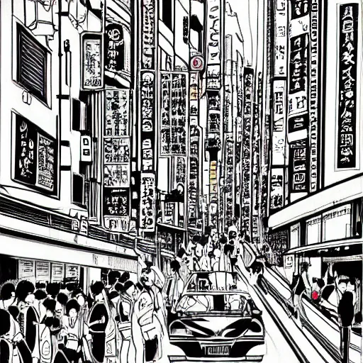 Prompt: a beautiful painting of a city street in tokyo by hirohiko araki, detailed line art