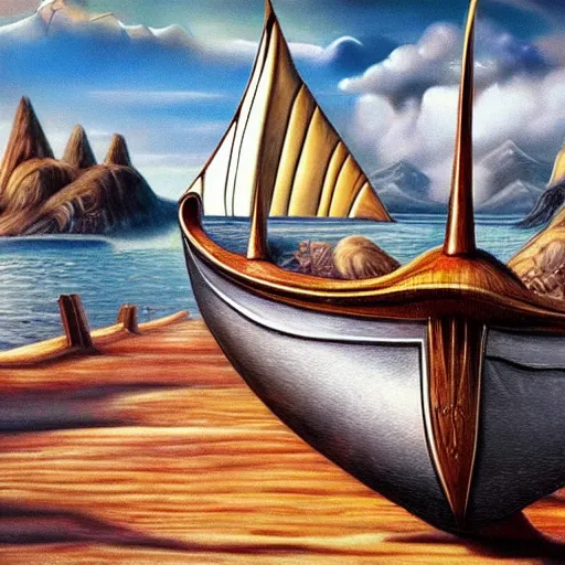 Image similar to fantasy art hyper realistic ai created interesting bizarre viking boat fantastic art award winning best ultra detailed magnificent