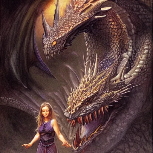 Prompt: young woman faces with dragon scared art by john howe