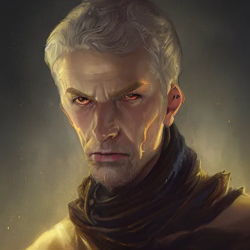 Prompt: a detailed matte head - on portrait painting of an middle - aged tiefling nobleman with white skin, golden eyes and short well kept hair, by charlie bowater, lise deharme, wlop, tending on arstation, dungeons and dragon, dnd, pathfinder, fanart, oil on canvas