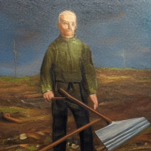 Prompt: A oil painting of a man with a shovel standing next to an open grave, subtle blue, orange, and dark green tones, high quality, high detail,