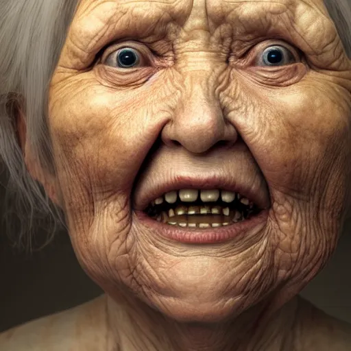 Image similar to very old woman portrait, no teeths, many wrinkles, 8 k, photorealistic, octane render, award winning photography, lovecraft style, horror atmosphere, cinematic, hyper realism,