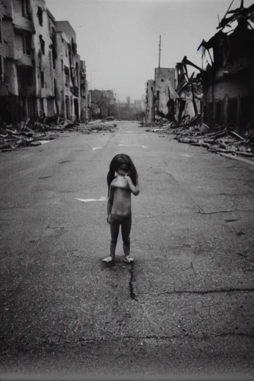 Prompt: photo polaroid of sad and lonely child in the middle of the street, destroyed buildings rubble, loneliness, war, black and white ,photorealistic, 35mm film,