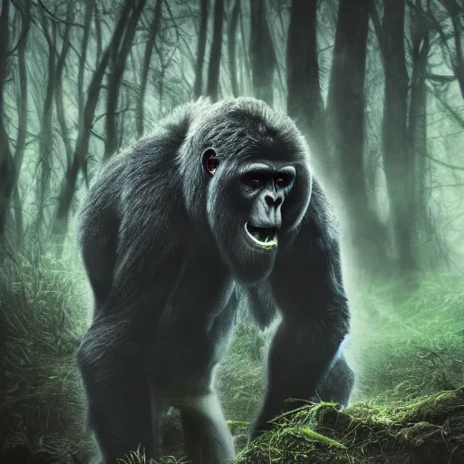 Prompt: demonic gorilla in magical forest, dark atmosphere, high detail, soft lighting