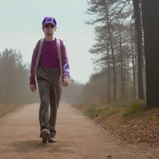 Image similar to a film still of waluigi in stranger things