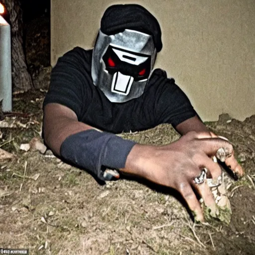 Image similar to rapper MF DOOM seen crawling out of his grave sporting his iconic mask