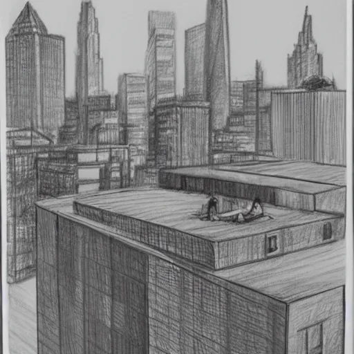 Image similar to a pencil sketch of 2 people sitting on the edge of a building looking away from the camera, tall rectangular buildings in the background, planes flying overhead