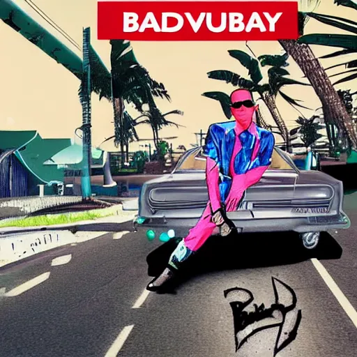 Prompt: bad bunny yonaguni music video bad bunny in the style of grand theft auto v cover art