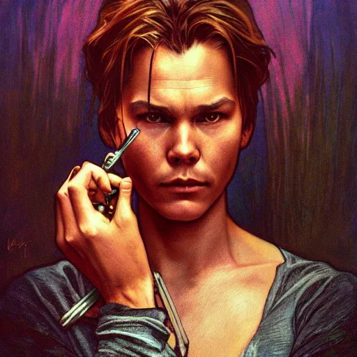 Image similar to amazing lifelike award winning pencil illustration of river phoenix intense eyes trending on art station artgerm Greg rutkowski alphonse mucha cinematic