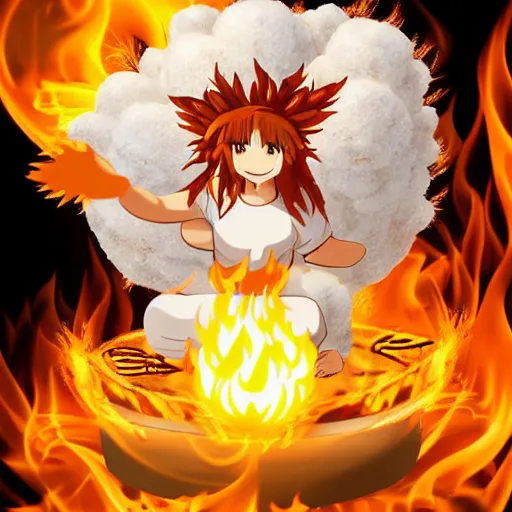 Image similar to fluffy popcorn anime character with a smiling face and flames for hair, sitting on a lotus flower, clean composition, symmetrical