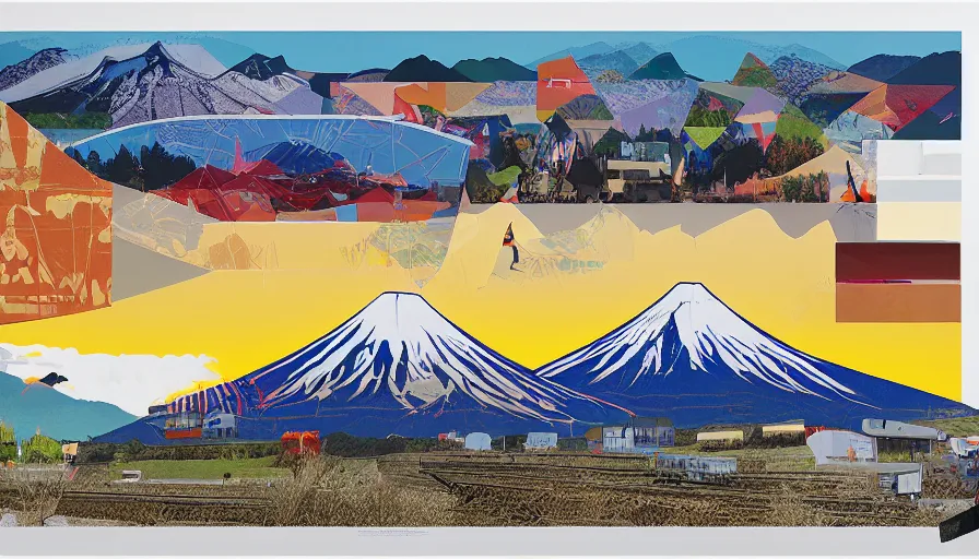 Image similar to award winning graphic design poster, cutouts constructing an contemporary art depicting a lone mount fuji and hills, rural splendor, and bullet train, isolated on white, and bountiful crafts, local foods, edgy and eccentric mixed media painting by Leslie David for juxtapose magazine