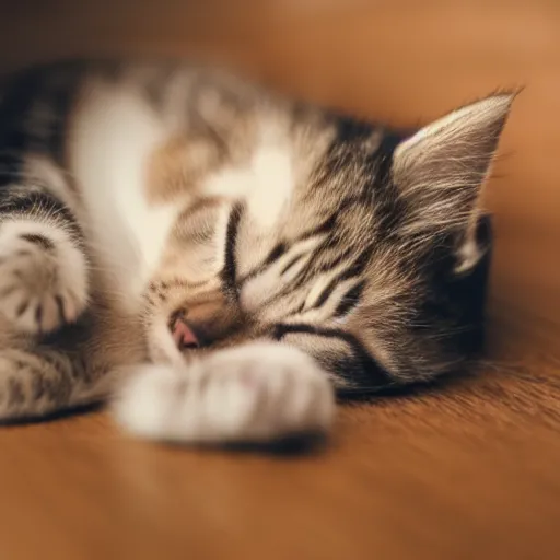 Image similar to portrait photo of a sleeping kitten, indoors, f 1. 4, golden ratio, rim light, top light, overcast day