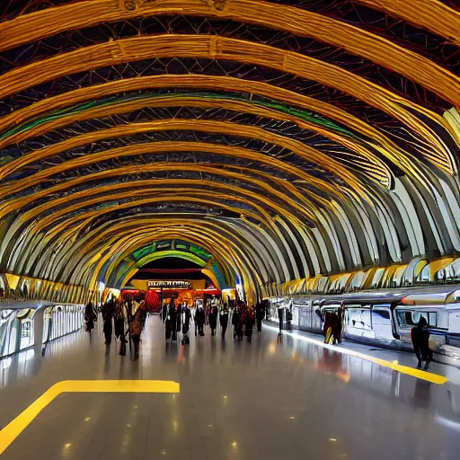 Image similar to elaborate and beautiful train station hall filled with travelers, designed by zaha hadid, bold colored walls, tall ceilings, large windows, lots of bold colors, unique architecture, sunbeams, detailed 8k