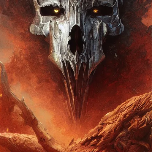 Image similar to anthropomorphic wolf, skull armor, cementary scenery, fantasy 3 d render, masterpiece, red aura, by donato giancola and greg rutkowski and wayne barlow and zdzisław beksinski, realistic face