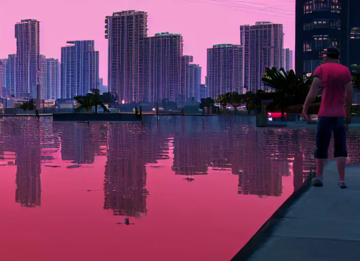 Image similar to still next - gen ps 5 game grand theft auto 6 2 0 2 4 remaster, graphics mods, rain, red sunset, people, reflections, gta vi, miami, palms and miami buildings, screenshot, unreal engine, 4 k, 5 0 mm bokeh, close - up ford mustang, gta vice city remastered, rtx, artstation
