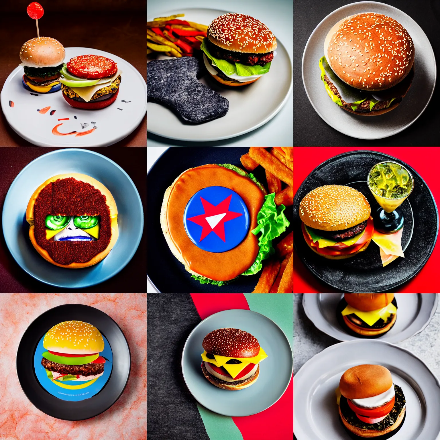 Prompt: David Bowie themed cheeseburger, food photography, on a plate, 22mm