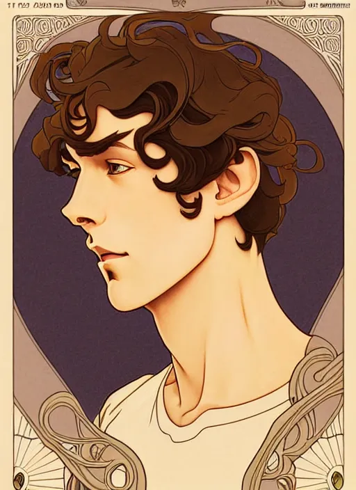 Image similar to art nouveau portrait of a handsome young man with curly medium length light brown hair, brown eyes, aloof, t - shirt, natural lighting, path traced, highly detailed, high quality, cartoon, digital painting, by don bluth and ross tran and studio ghibli and alphonse mucha