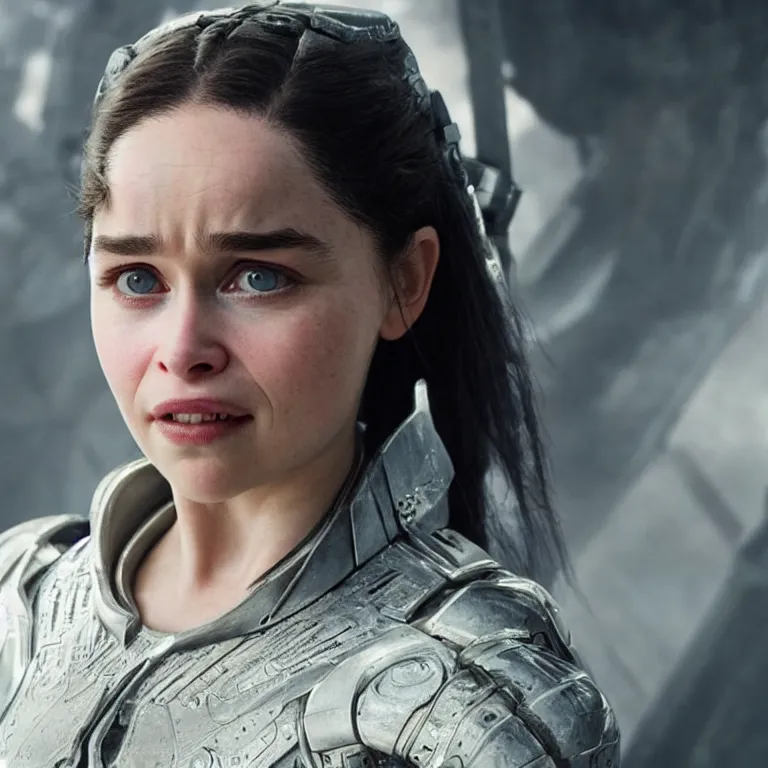 Prompt: scifi emilia clarke looks like alita battle angel, elegant lady, big eyes, smiling face, extremely high detail, extremely high detailed face, cyborg, photorealism, emilia clarke, sony a 7 r