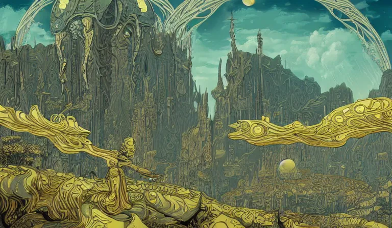 Prompt: abandoned some trouble death fantasycore landscape, Precise and Intricate Linework, Art Nouveau Cosmic 4k Detailed Matte Illustration featured on Pixiv ,CGSociety, Yellow and Olive color scheme, Pastiche by Hideyuki Kikuchi, Pastiche by Robert Beatty