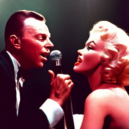 Prompt: frank sinatra singing, with marilyn monroe, in a night cafe, 8 k