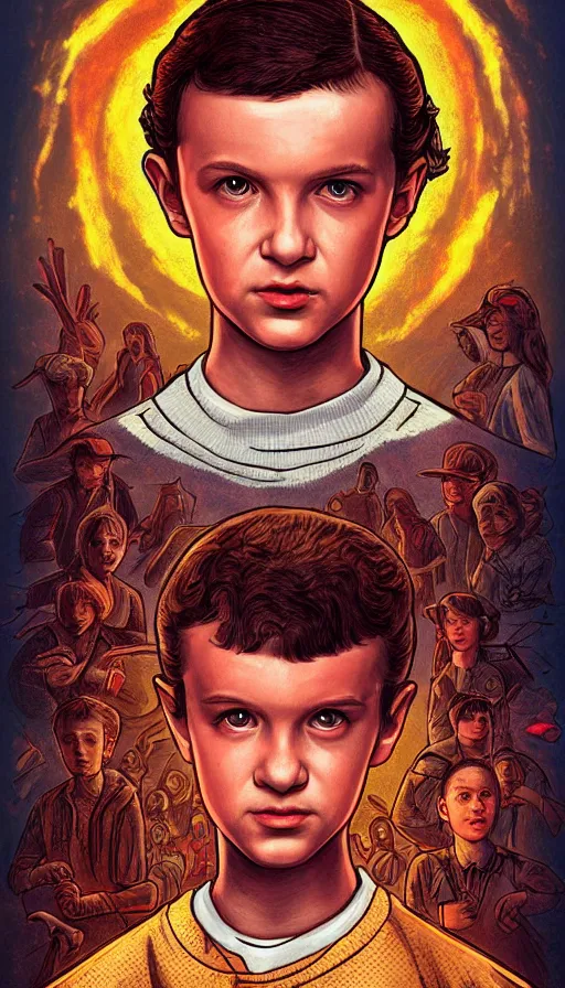 Image similar to Eleven from Stranger Things portrait painted in the style of an ancient royal portrait. Beautiful anime lush forest background. Golden hour. Trending on art station