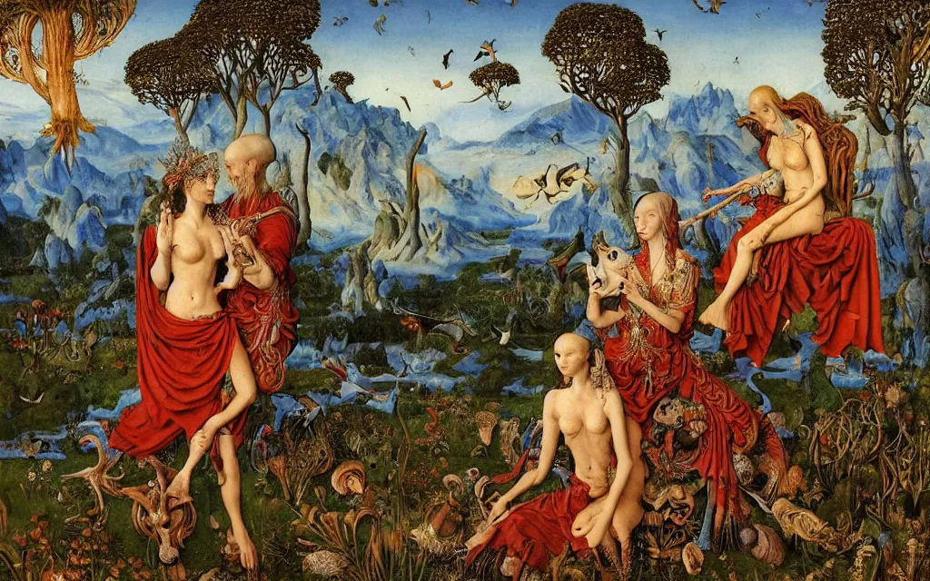 Image similar to a portrait photograph of a meditating harpy and a centaur king riding eagles and hugging animals at a river delta. surrounded by mushrooms, flowers, animals and trees. mountains range under a blue sky of burning stars. painted by jan van eyck, max ernst, ernst haeckel and ernst fuchs, cgsociety, artstation, fashion editorial, 8 k