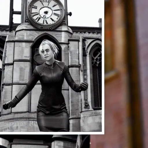 Image similar to A detailed film still of Kaley Cuoco under the Eastgate clock in Chester. Behind her we see a black panther. 70mm