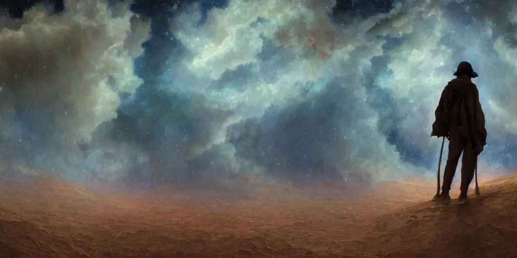 Image similar to a masterpiece painting of a silhouette of a lone hitchhiker wandering through a desert made of cosmic nebulas, by Tom Bagshaw and Alphonse Mucha and James Jean and John Williams Waterhouse, 8k, volumetric lighting, French nouveau, extremely moody lighting, cinematic, atmospheric, sharp focus, depth of field, intricate, elegant, highly detailed, digital painting, very coherent artwork