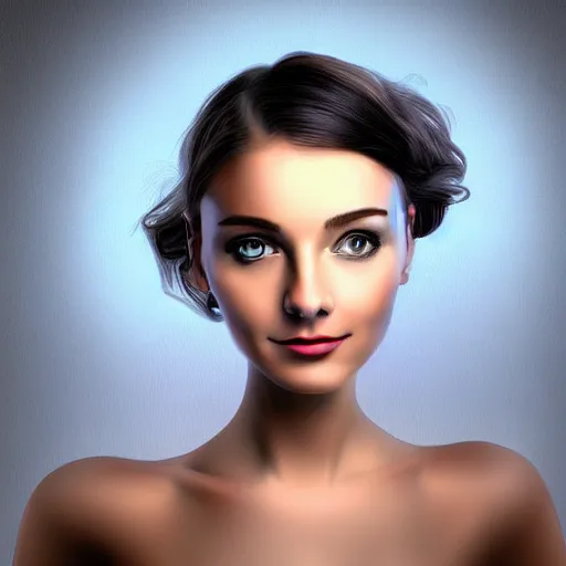 Image similar to A portrait of a young happy woman with mechanical eyes, beautiful!!! digital art