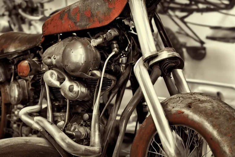 Prompt: a close up view of a rusty 1 9 5 0's harley davidson motorcycle in a dusty repair shop, soft lighting, dirt and oil stains, crepuscular rays, hyper realistic octane render, 8 k, ultra detailed, concept art