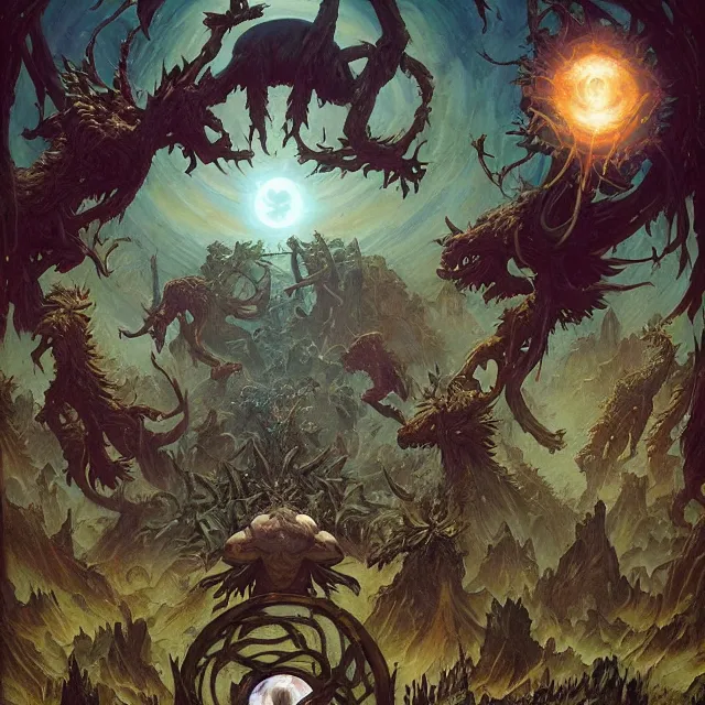 Image similar to a circle of druids conjuring the world into existence by greg rutkowski and frank frazetta and peter mohrbacher and william blake and dan mumford