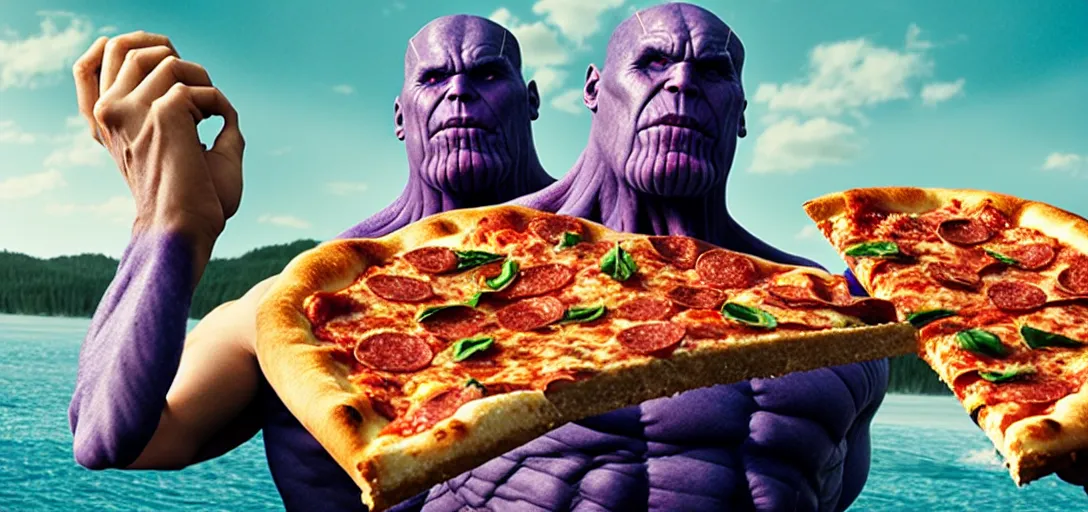 Image similar to a very high resolution image from a new movie. thanos eating pizza on a lake, photorealistic, photography, directed by wes anderson