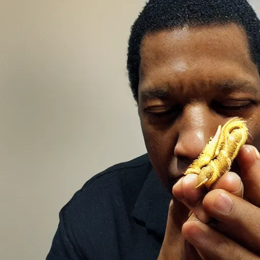 Image similar to john coltrane snuggling a giant mealworm