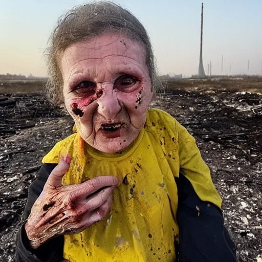 Image similar to selfie of the last surviving ukrainian with children, wild pain and damage to the body burns alive to the bone, painted in dirty yellow - blue colors, a huge nuclear explosion is approaching in the background